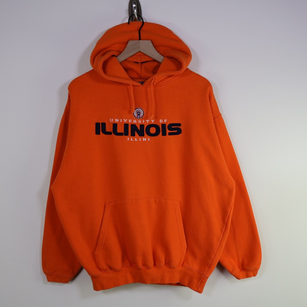 Vintage Y2K University of Illinois Illini Hoodie Large Orange Cotton‎